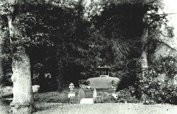 Swiss Gardens - Indian Kiosk seen over hump-backed bridge about 1900